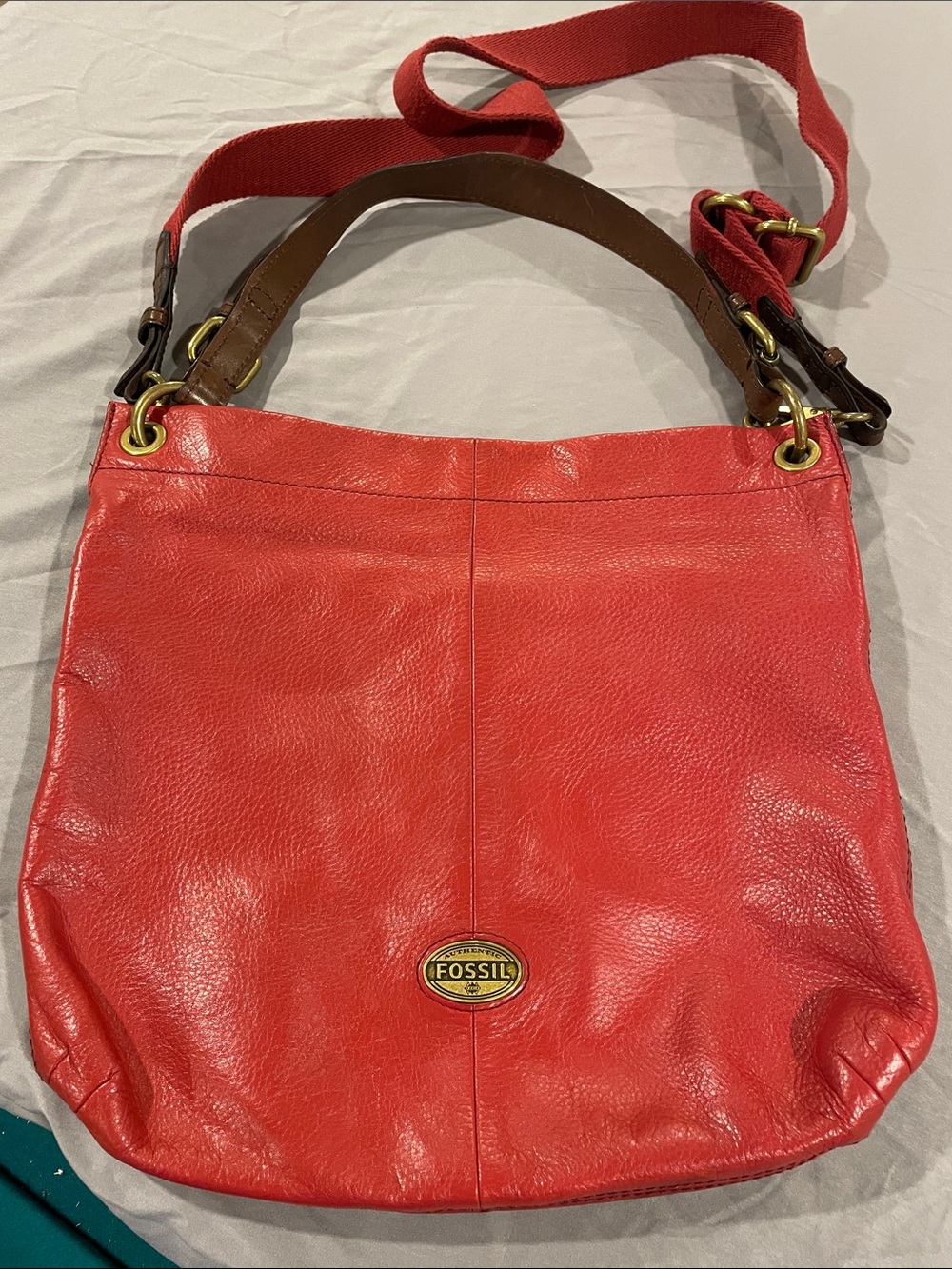 Fossil Red Leather Shoulder Bag with Brown Trim